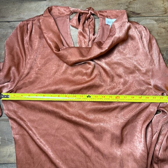 Aura | Size L | Silky Terracotta Cowl Blouse with Bow Neck and Jewel Buttons - Picture 7 of 11